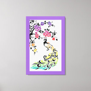 Toile Arc-en-ciel paon & cerisiers fleurs bordure violet