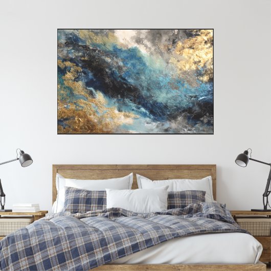 Toile Art abstrait fluide bleu et or (Insitu(Chambre))