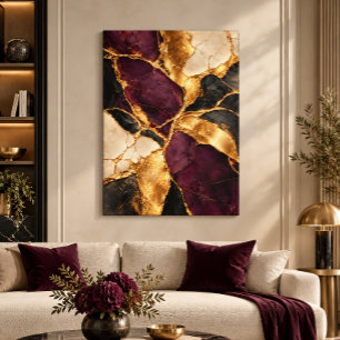Toile Art abstrait Kintsugi Luxe Prune Noir Or