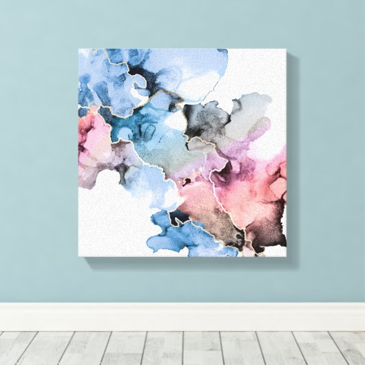 Toile Art Abstrait moderne Inks d'alcool bleu rose or (Insitu (Plancher de Bois))