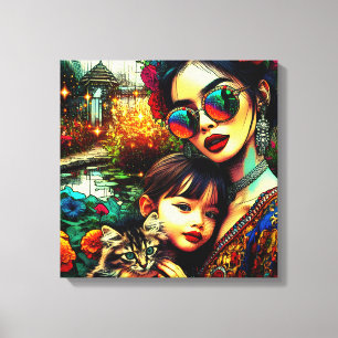 Toile Art Coloré Maman et Fille Jardin de Fleurs Asiatiq