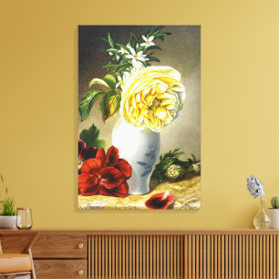 Toile Art de vase floral avec rose jaune vintage et pens