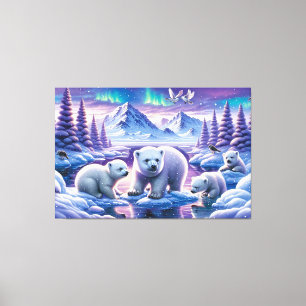 Toile Art d'hiver avec aurores boréales et oursons polai