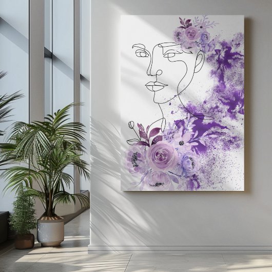 Toile Art féminin Abstrait avec fleurs violettes éclabou