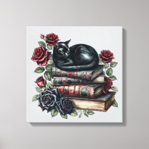 Toile Art gothique Chat noir Antique Livres Crimson Rose