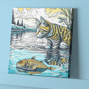 Toile Art IA de jeux de chat et de poisson bleus et jaun