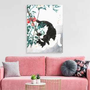 Toile Art japonais vintage Chat noir blanc Tomate