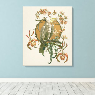 Toile Art Nouveau vintage, oiseau cacatoès, fleurs d'orc