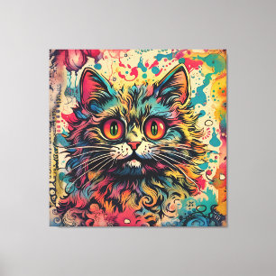 Toile Art Pop vintage, Style Louis Wain, Beau Chat