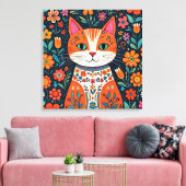 Toile Art populaire Whimsical Chat et Fleurs (Insitu(Salon))