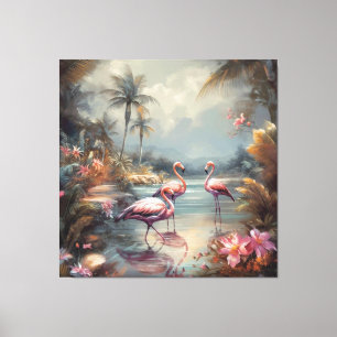 Toile Art vintage de flamant rose de lagon tropical de F