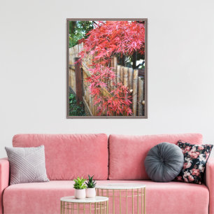Toile Autumn Japanese Maple Leaves and Bamboo Fence