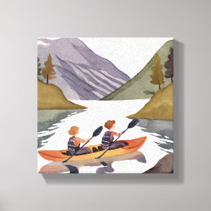 Toile Balade en kayak sur le lac   Aquarelle de montagne