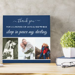 Toile Bande photo du souvenir Carré du sommeil bleu en p<br><div class="desc">Créez une photo personnalisée, toile enveloppée carré en souvenir de quelqu'un de spécial. Le message commémoratif est entièrement modifiable et se lit actuellement "merci pour une vie d'amour et de bonheur - dormir en paix ma chérie". Il est écrit en écriture manuscrite élégante et en majuscules modernes. Le modèle photo...</div>