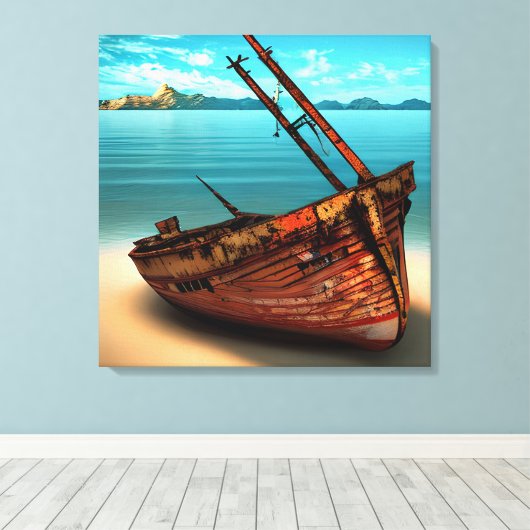Toile Bateau décapité sur une plage de sable abandonnée (Insitu (Plancher de Bois))