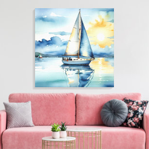 Toile Bateau Watercolor Sur Le Lac Au Coucher Du Soleil