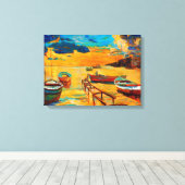 Toile Bateaux de pêche et océan au coucher du soleil (Insitu (Plancher de Bois))