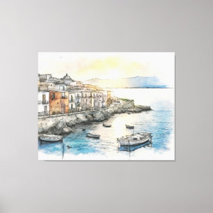 Toile Bateaux de ville côtière italienne dans un croquis
