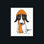 Toile Beanie Dog | Cute Piebald Dachshund<br><div class="desc">Dessin de style dessin d'un Piebald Dachshund noir,  tan et blanc portant une beanie et une écharpe orange. Une impression de toile amusante pour tous ceux qui aiment les chiens édulcorés. Visitez Doodle World de Jenn pour des illustrations encore plus mignonnes d'animaux et d'amoureux de les chiens.</div>