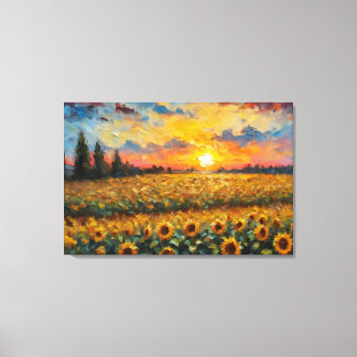 Toile Beau coucher de soleil sur le terrain de tournesol
