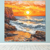 Toile Beau coucher de soleil sur l'océan avec des vagues (Insitu (Plancher de Bois))