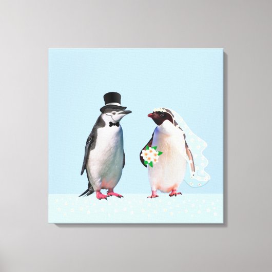 Toile Beau Mariage Penguin Couple sur bleu clair (Recto)