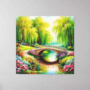 Toile Beau pont dans un paysage en fleurs