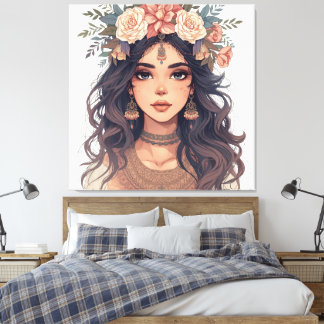 Toile Beautiful Floral Anime Girl – Soft Pastel Aesthe