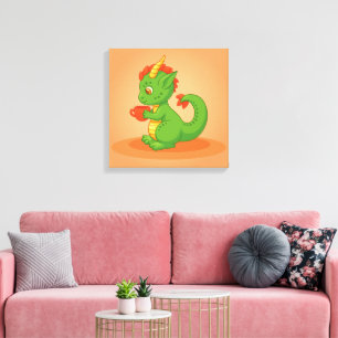 Toile Bébé dragon mignon tenant une tasse sur orange