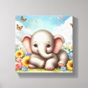 Toile Bébé éléphant dans les fleurs