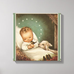 Toile Bébé Jésus avec agneau et oiseau dans la crèche
