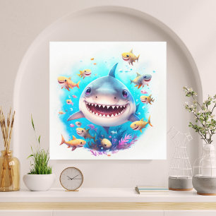 Toile Belle aquarelle souriante bébé requin sous la mer