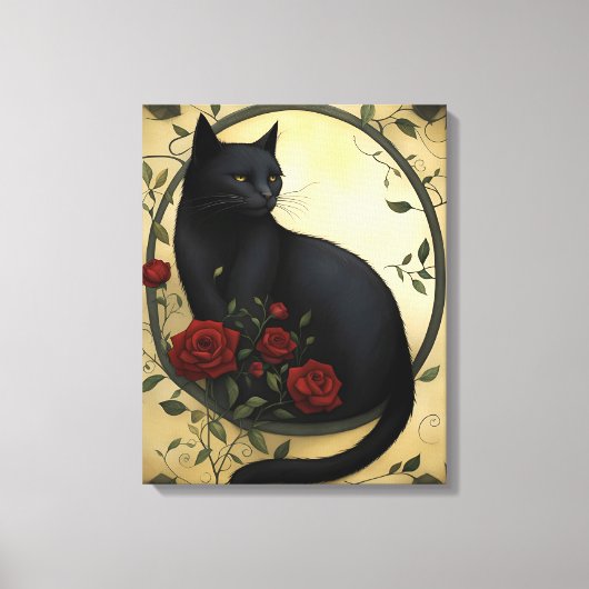 Toile Belle Chat noir et Roses rouges (Recto)