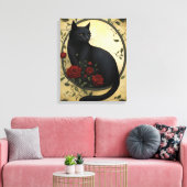Toile Belle Chat noir et Roses rouges (Insitu(Salon))