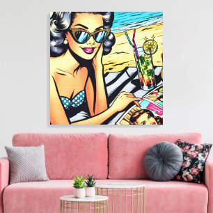 Toile Belle Dame Rétro à la Plage avec Cocktail