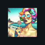 Toile Belle femme Art Pop Rétro avec Lollipop<br><div class="desc">Femme de style rétro en lunettes de soleil aux cheveux colorés et une lollipop avec un arrière - plan de plage aux couleurs psychédéliques.</div>