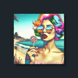 Toile Belle femme Art Pop Rétro avec Lollipop<br><div class="desc">Femme de style rétro en lunettes de soleil aux cheveux colorés et une lollipop avec un arrière - plan de plage aux couleurs psychédéliques.</div>