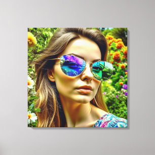Toile Belle fille avec lunettes de soleil Fleurs de réfl