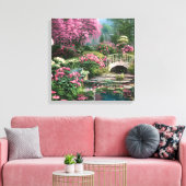 Toile Belle Fleurs Chic Shabby avec étang et pont (Insitu(Salon))