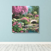 Toile Belle Fleurs Chic Shabby avec étang et pont (Insitu (Plancher de Bois))