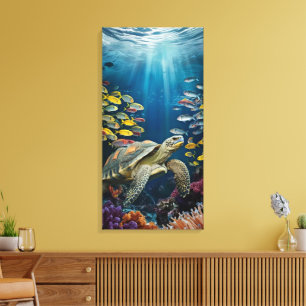 Toile Belle Tortue, Poisson et Plantes Marines Impressio