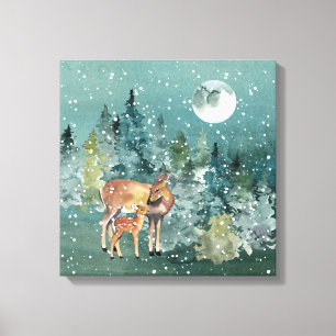 Toile Biche et faon dans une forêt enneigée sous la plei