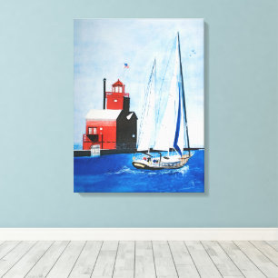 Toile Big Red Michigan Lighthouse and Sailboat