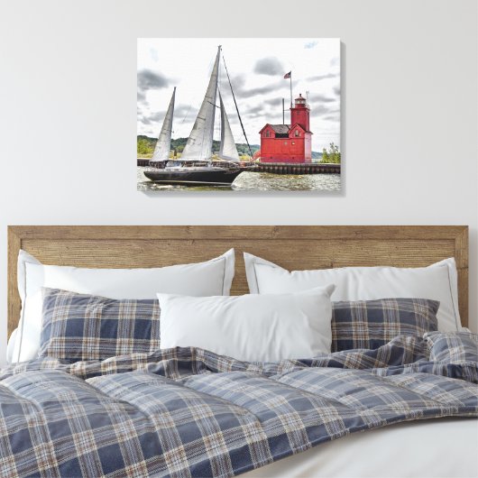 Toile Big Red Michigan Lighthouse and Sailboat (Insitu(Chambre))