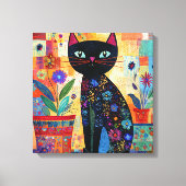 Toile Black Cat Colorful and Whimsical Artwork, (Recto)