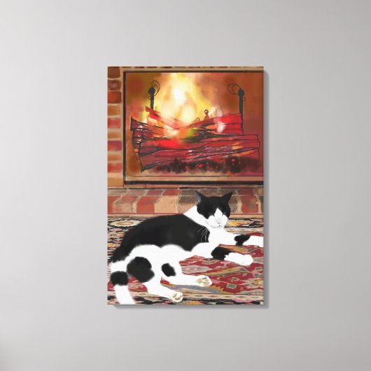 Toile Black White Cat Lying front of Fireplace  (Recto)
