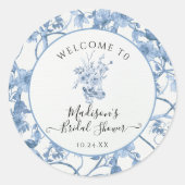 Toile Blauwe en Witte Elegante Bloemrijke Bruidsdo Ronde Sticker (Voorkant)