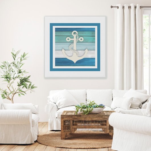 Toile Bleu Turquoise Blanc Ancre Plage Nautique