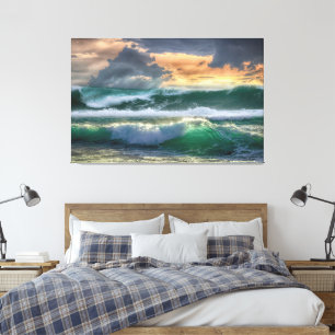 Toile Bleu/Vert époustouflant Vagues océan coucher de so
