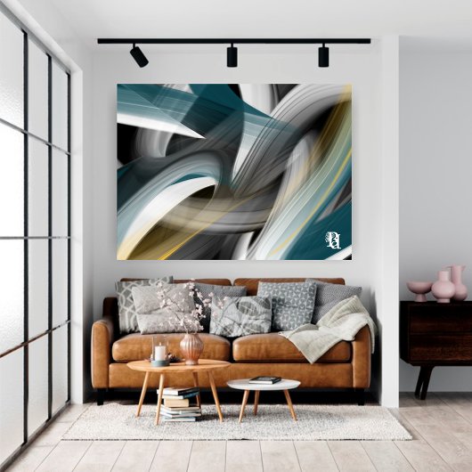 Toile Bleu Vert Or Noir Blanc Gris Abstrait